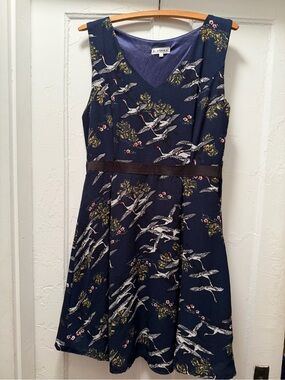 Women's Navy Crane-Print Sleeveless Fit & Flare Dress